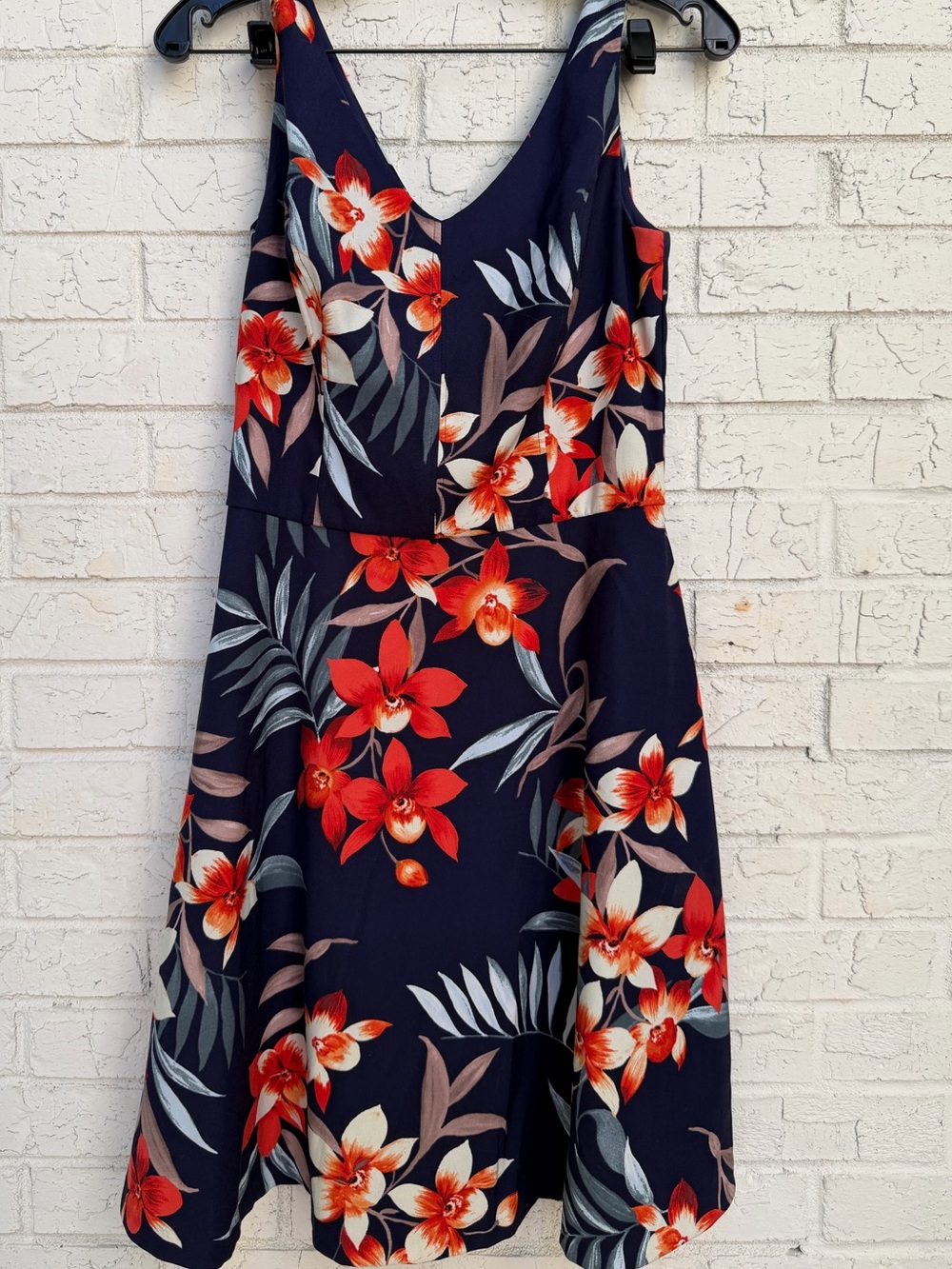 Floral Navy A-Line Dress with Red & Cream Blooms